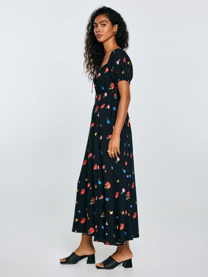 Sukienka damska midi z motywem kwiatowym czarna Roksi 906