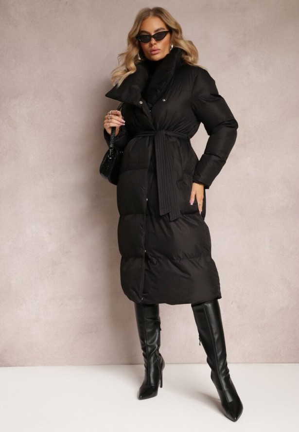 Czarna Kurtka Długa Pikowana z Wiązanym Paskiem Medguistl