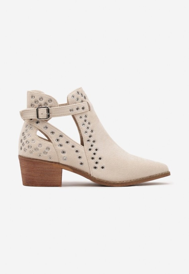 Beżowe Botki Kowbojki na Słupku Ozdobione Nitami i Wycięciem Eleawena