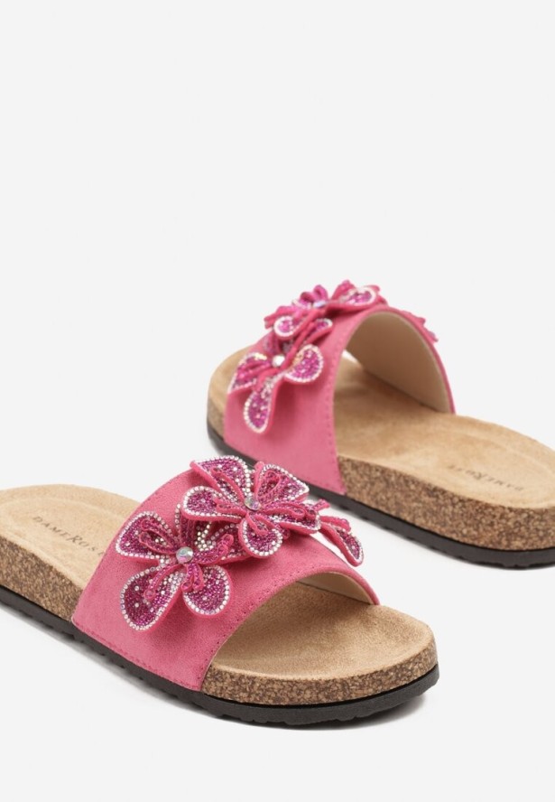 Fuksjowe Klapki Ozdobione Aplikacjami Kwiatów i Cyrkoniami Lilima