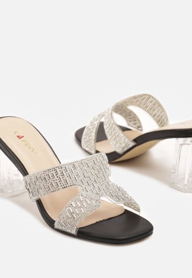 Czarne Klapki na Transparentnym Obcasie Typu Słupek Zdobione Cyrkoniami Alimalla