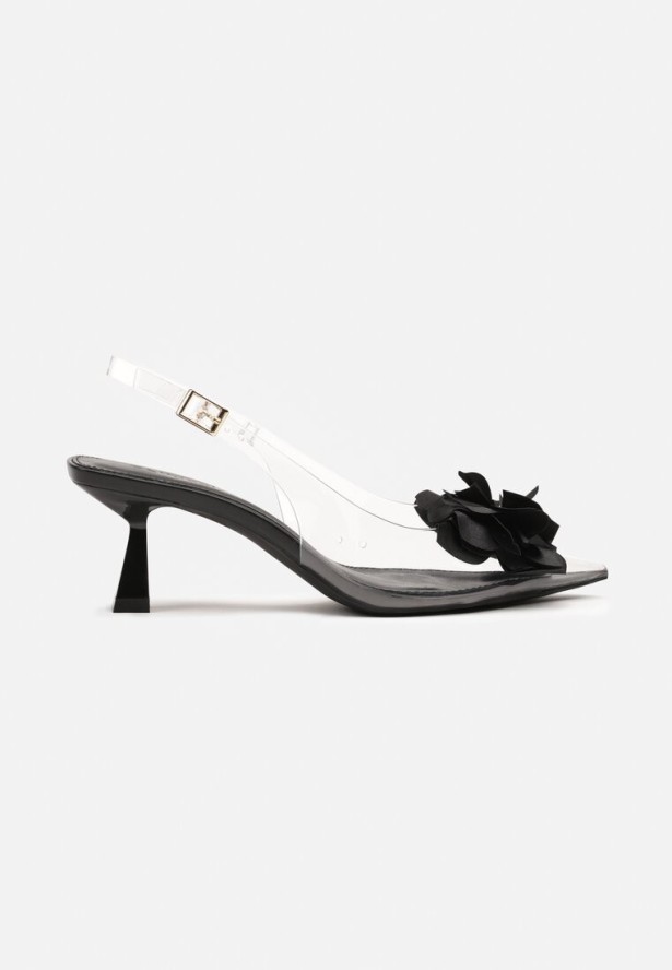 Czarne Transparentne Sandały na Kaczuszce z Kwiatem 3D Nalindrel