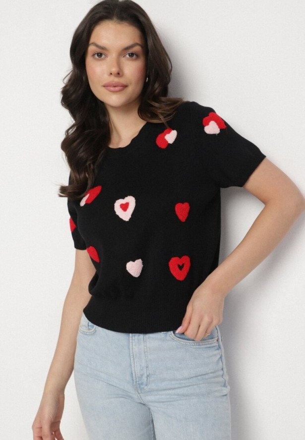 Czarna Bluzka Dzianinowa z Wiskozy w Serduszka Janirea