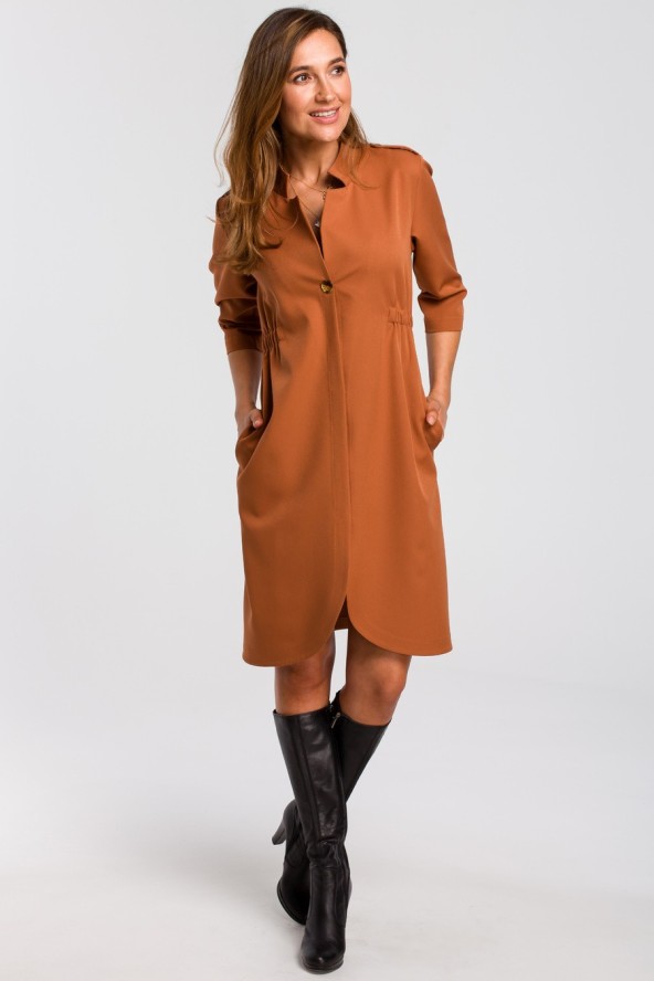 Sukienka marynarka elegancka żakietowa asymetryczna midi brązowa