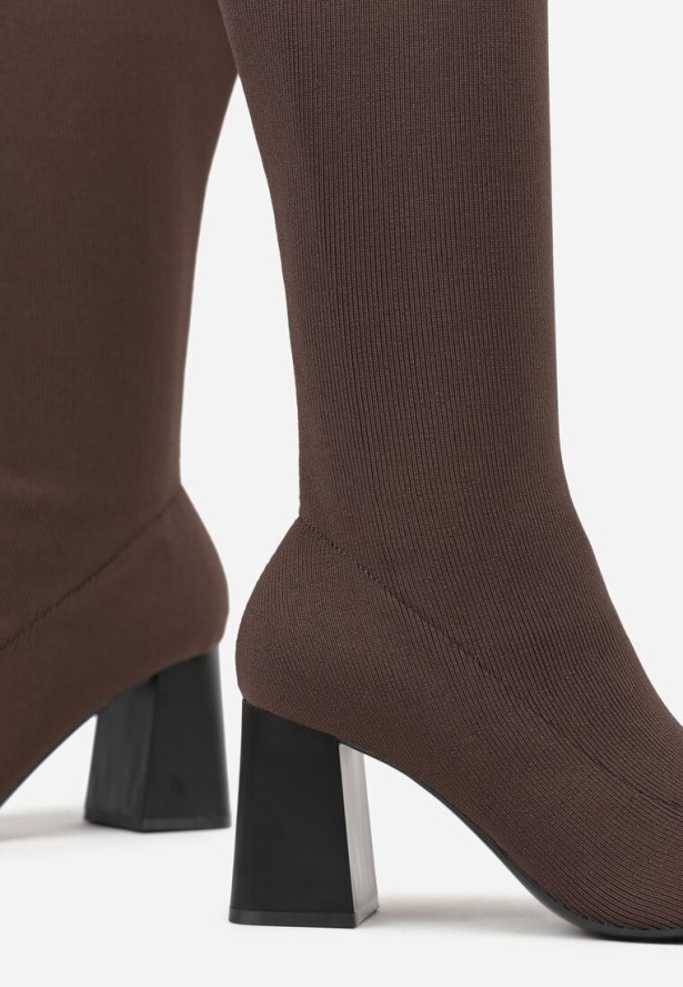 Brązowe Eleganckie Kozaki VICES na Słupku ze Skarpetkową Cholewką Mialles