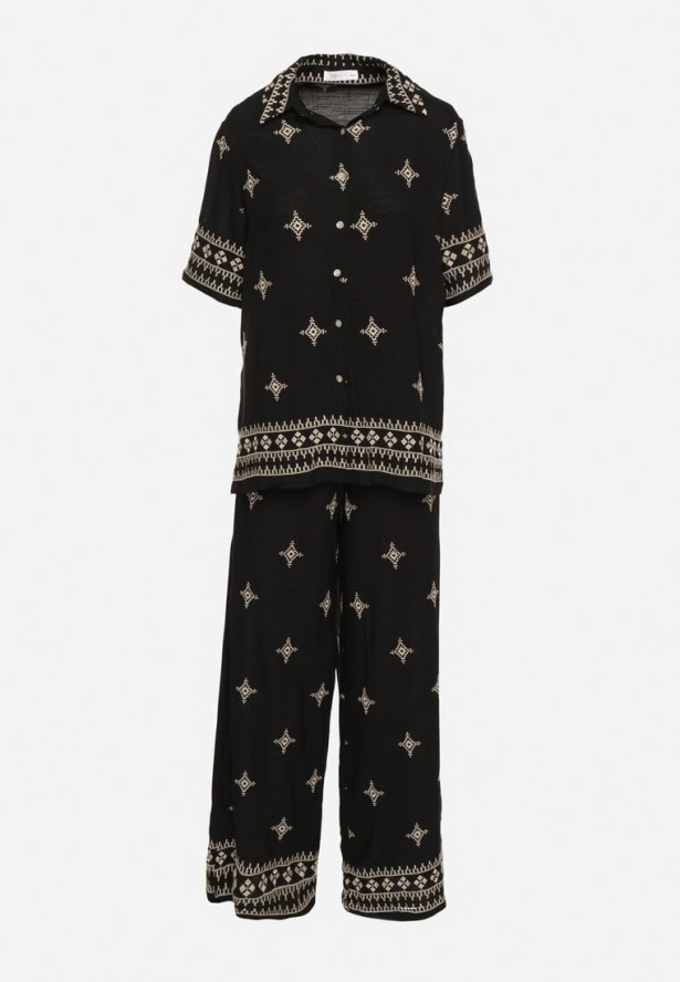 Czarny Komplet z Wiskozy Zdobiony Haftem Koszula i Spodnie Oversize Iffiselle