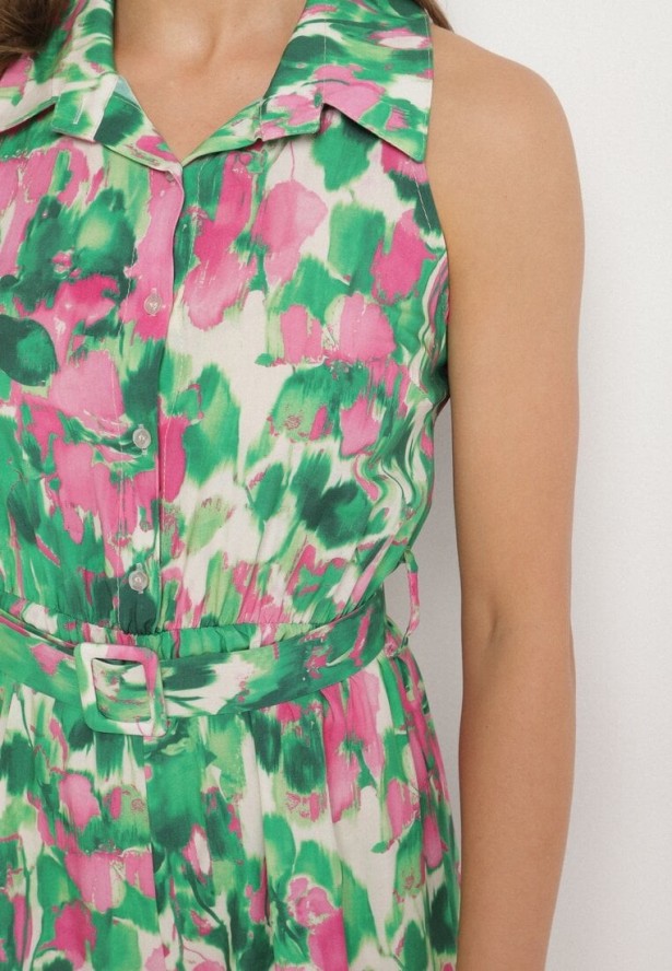 Ciemnozielony Wiskozowy Kombinezon o Koszulowym Kroju Bez Rękawów z Paskiem Tolivia