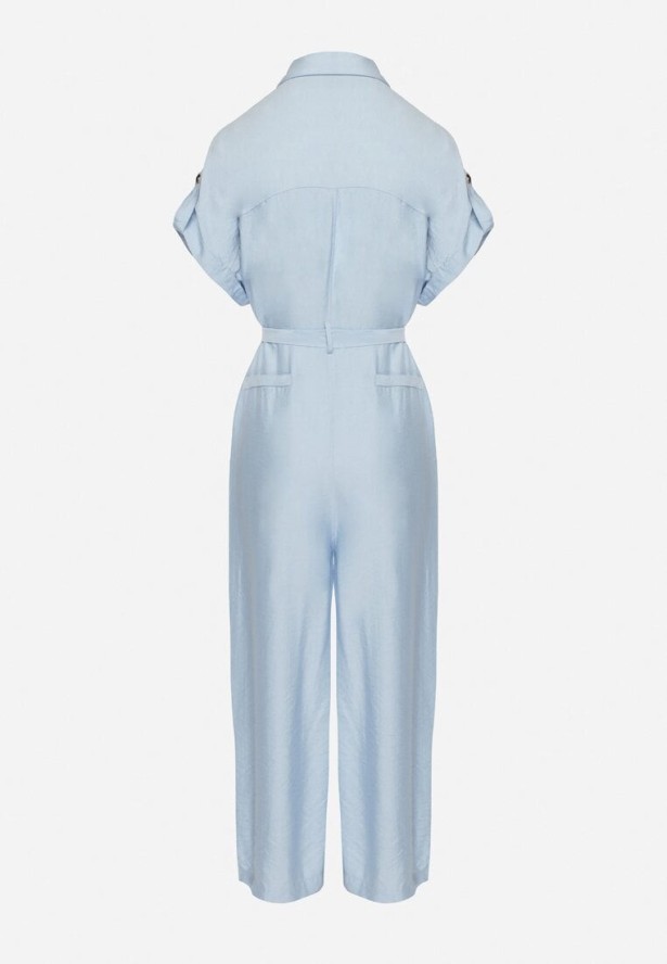 Niebieski Kombinezon z Paskiem i Ozdobnymi Kieszeniami Polsedi