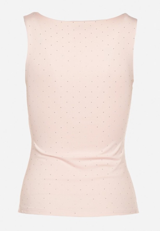 Różowy Dopasowany Top z Wiskozą o Kwadratowym Dekolcie Zdobiony Cyrkoniami Zindrina