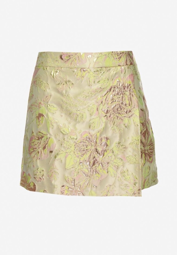 Żółte Spódnico-Szorty z Wysokim Stanem i Metalicznymi Kwiatami Rinasenia