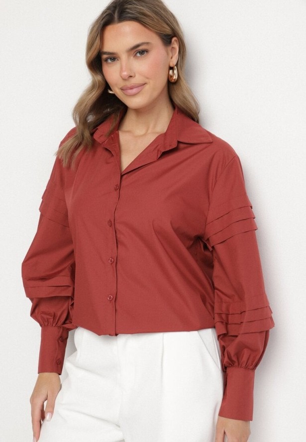 Bordowa Koszula z Bawełną Ozdobione Szerokimi Rękawami Edimelia