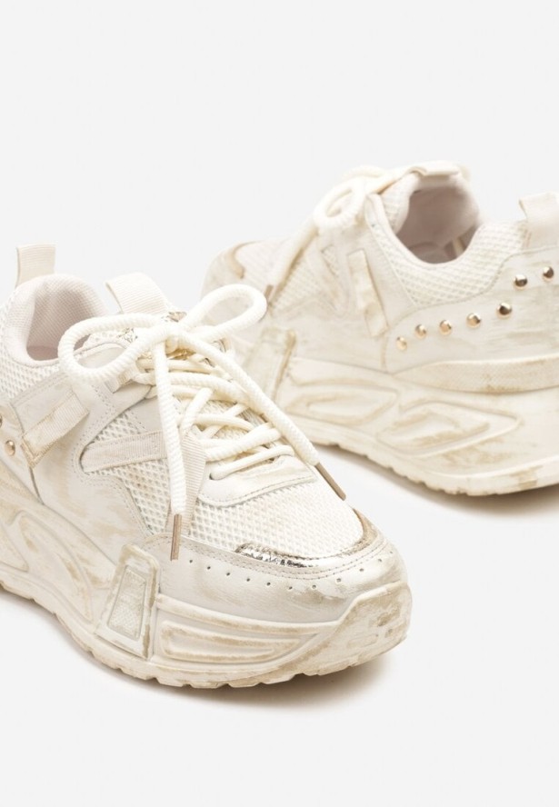 Beżowe Sneakersy na Grubej Tłoczonej Podeszwie Lurimara