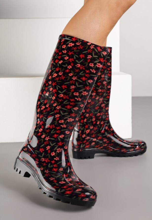 Czarne Kalosze Ozdobione Kwiatami Olivorie