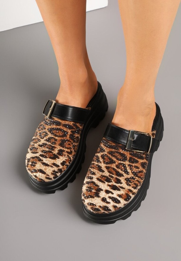 Panterkowe Klapki Chodaki na Grubej Podeszwie z Paskiem z Klamrą Sorie