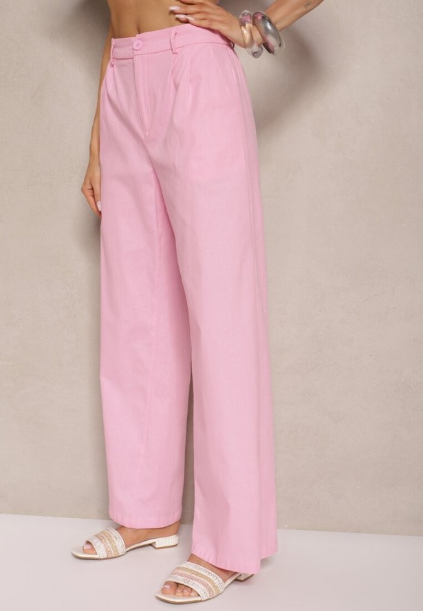 Różowe Szerokie Spodnie High Waist z Bawełny z Gumką w Talii Nalilva