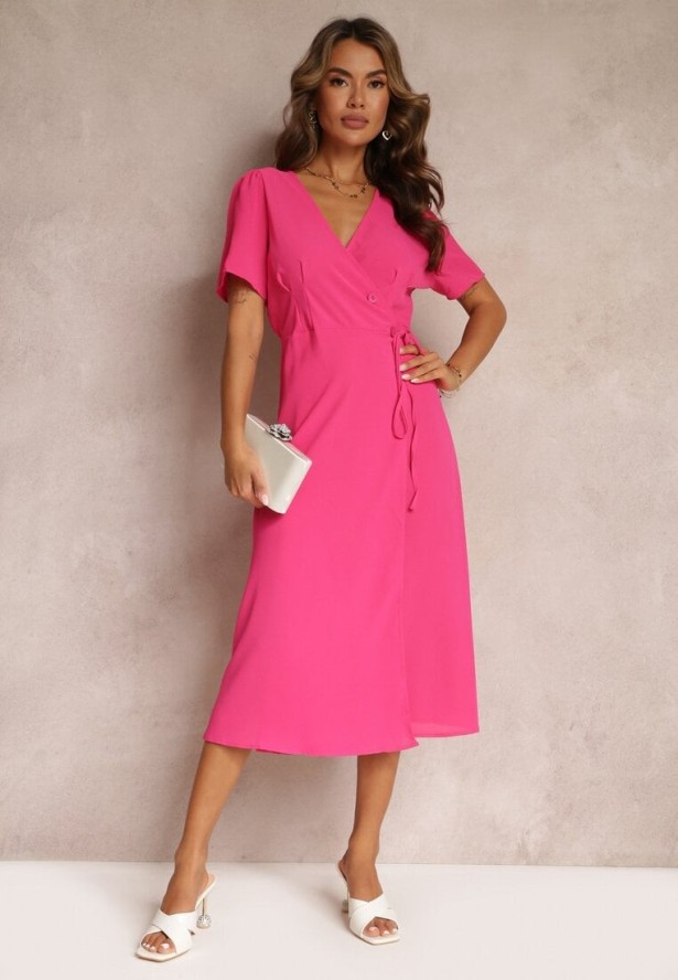 Fuksjowa Sukienka Midi z Kopertowym Dekoltem i Wiązaniem w Pasie Elisanu