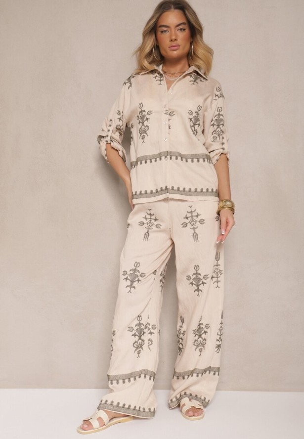 Beżowy Wiskozowy Komplet Boho Koszula i Spodnie z Haftowanym Zdobieniem Helhiris