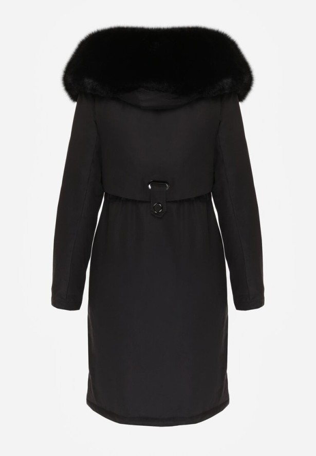 Czarna Kurtka za Kolano ze Ściągaczem i Kapturem z Futerkiem Adoresa