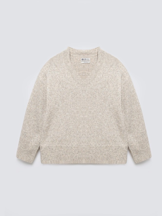 Sweter damski v-neck oversize z dodatkiem wełny beżowy Violina 801