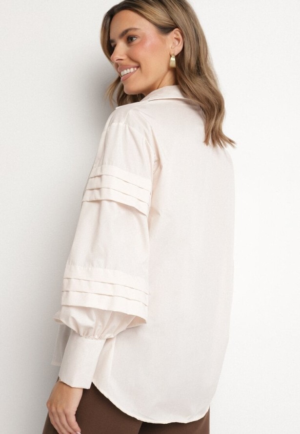 Jasnobeżowa Koszula z Bawełną Ozdobiona Szerokimi Rękawami Edimelia