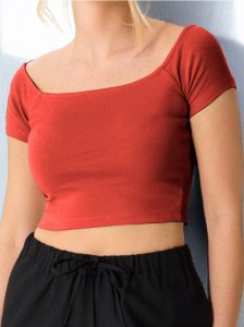 Crop top z krótkim rękawem - koralowy