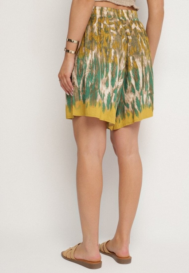 Zielono-Żółte Wiskozowe Szorty z Motywem Panterki Divonea