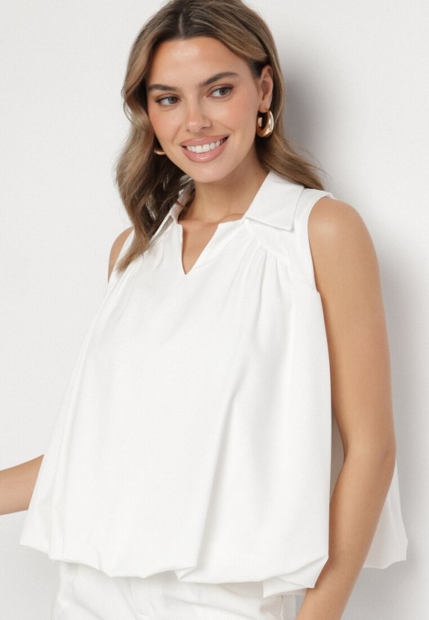 Biała Bluza Rozkloszowana Oversize z Kołnierzykiem Eridwen