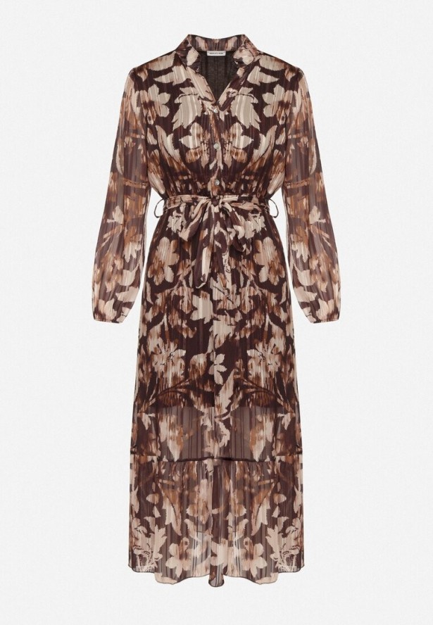 Beżowa Rozkloszowana Sukienka z Wiązanym Paskiem i Metaliczną Nicią Nalirina