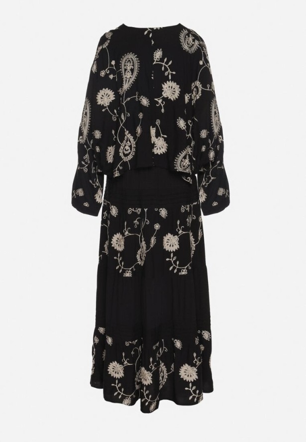 Czarny Komplet z Wiskozy w Stylu Boho Koszula Nietoperz i Spódnica Sepalisse