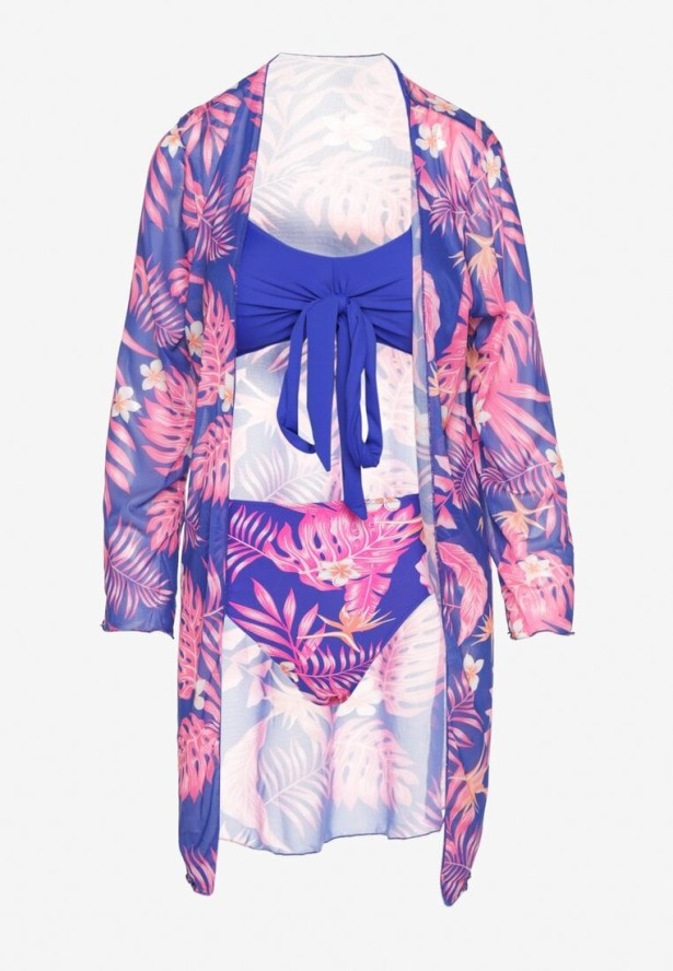 Niebiesko-Różowe Bikini Wiązany Biustonosz i Majtki Figi z Dodatkową Narzutką z Siateczki Zareliah