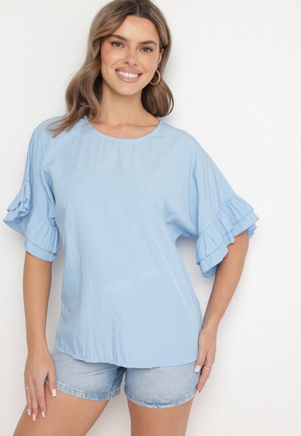 Jasnoniebieska Bluzka z Wiskozą Typu Nietoperz z Falbankami Davienna
