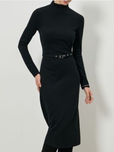 Sukienka midi z bawełną i ozdobnym paskiem - czarny