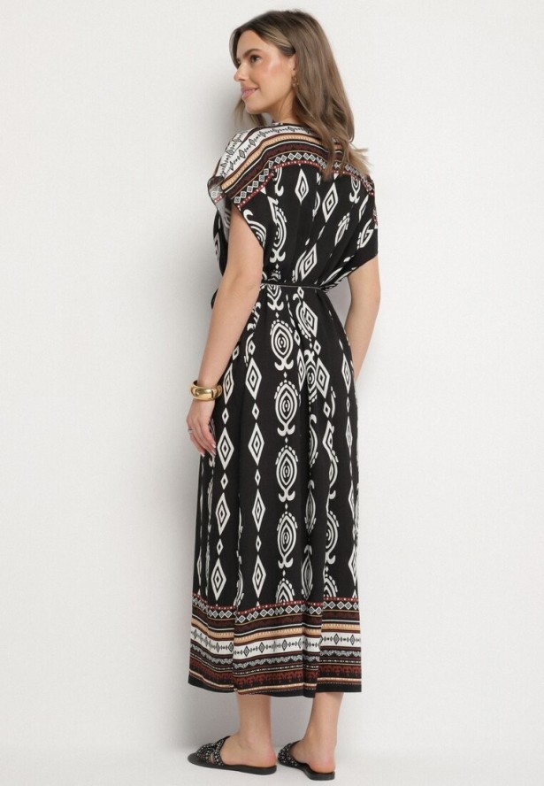 Czarna Pudełkowa Sukienka z Wiskozy w Etniczny Wzór Mirosela