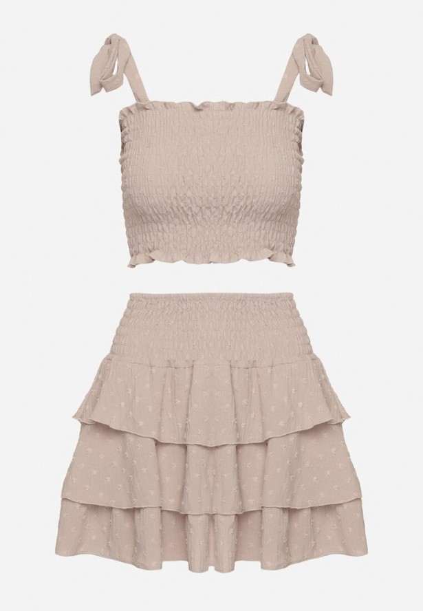 Beżowy Komplet Elastyczny Top z Wiązanymi Ramiączkami i Rozkloszowana Spódnica Evialia