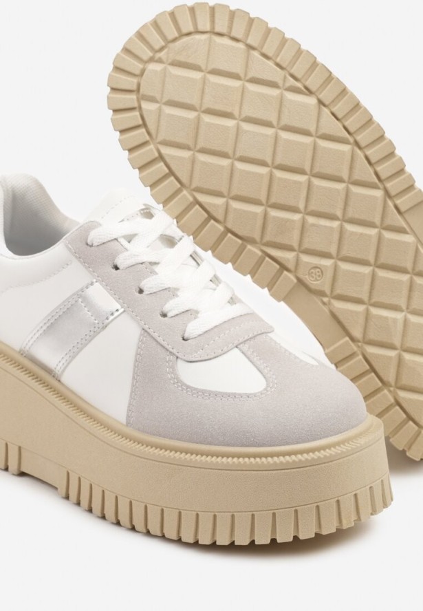 Biało-Szare Sneakersy na Platformie Ozdobione Paskiem Vivesse