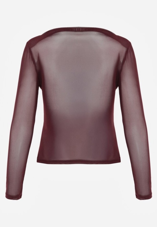 Bordowa Marszczona Bluzka z Siateczki Zdobiona Aplikacją w Kształcie Róży Olirisa