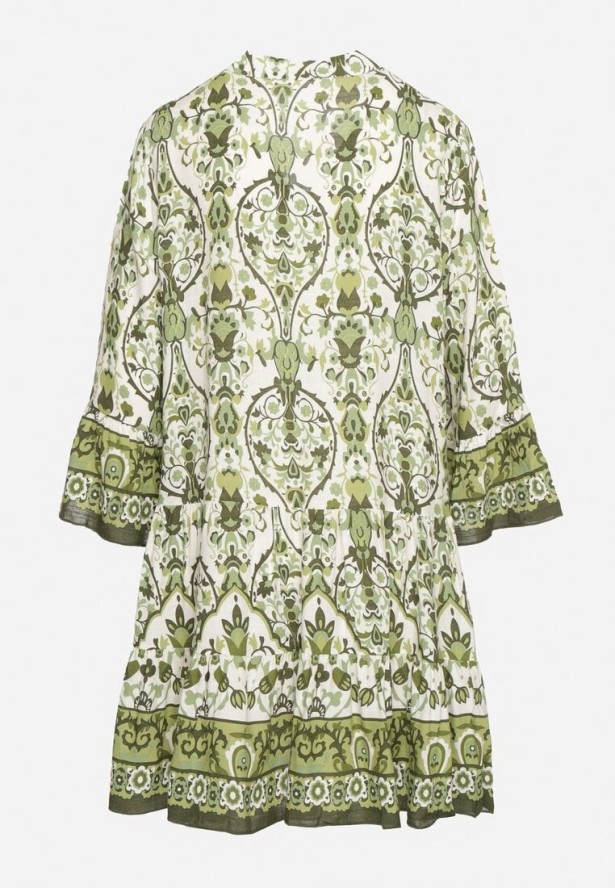 Zielona Rozkloszowana Sukienka z Wiskozą w Ornamentalny Wzór Ravapia