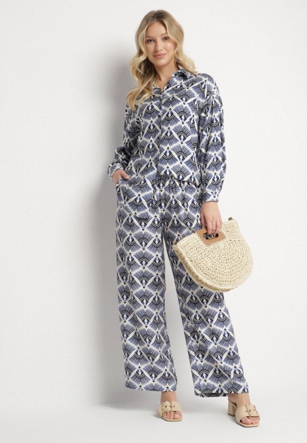 Niebieski Komplet z Wiskozą w Etniczny Wzór Szerokie Spodnie i Koszula Elezaria