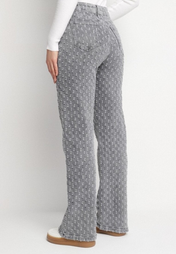 Szare Szerokie Jeansy z Wysokim Stanem Zdobione Tłoczonymi Przetarciami Ulindra