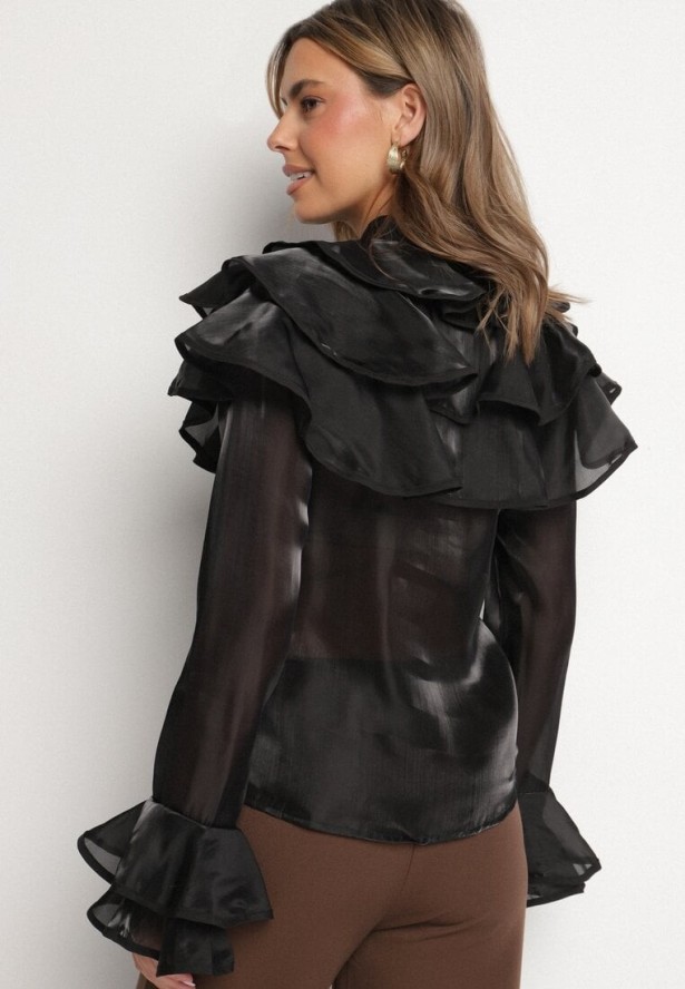 Czarna Koszula z Ozdobnymi Falbankami Edianessea