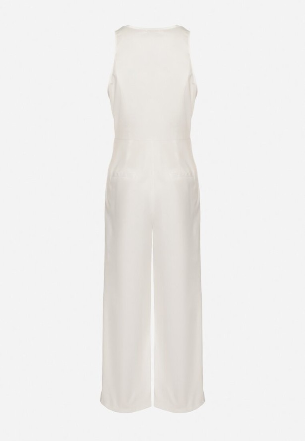 Biały Kombinezon Taliowany Elegancki Asymetryczny z Dekoltem V Nevosse