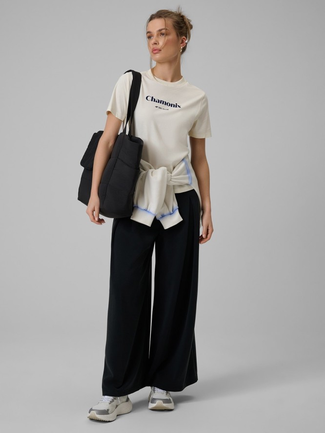 4F T-shirt loose z nadrukiem damski - beżowy XS