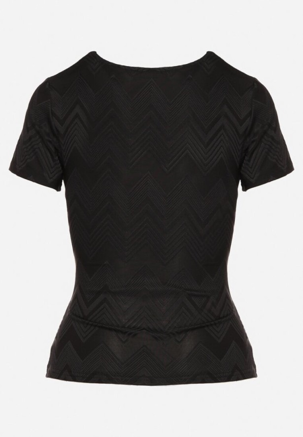 Czarna Kopertowa Bluzka z Wiskozą z Krótkim Rękawem i Marszczeniem w Talii Alliven