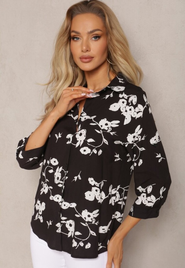 Czarna Koszula Typu Kimono z Bawełny i Wiskozy w Kwiatowy Wzór Carlania