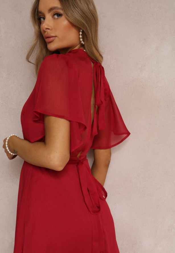 Bordowa Rozkloszowana Sukienka z Odkrytymi Plecami i Wiązaniem Syrissis