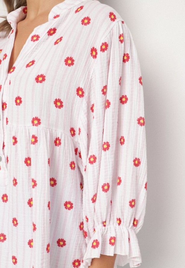 Różowo-Czerwona Bawełniana Koszula z Dekoltem w Serek w Kwiatowy Wzór Mailovelle