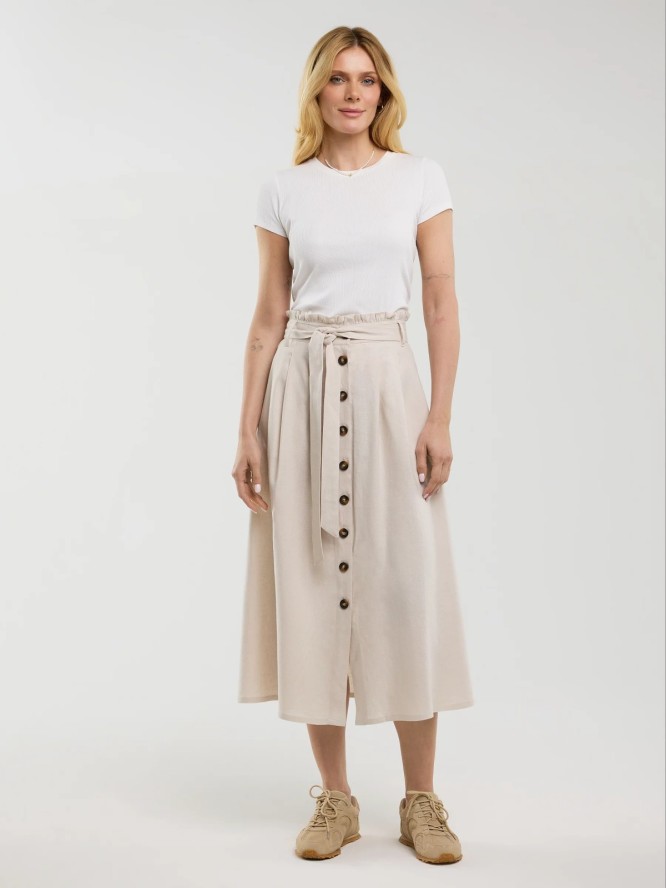 Spódnica damska midi lniana z ozdobnymi guzikami beżowa Cosmo 800