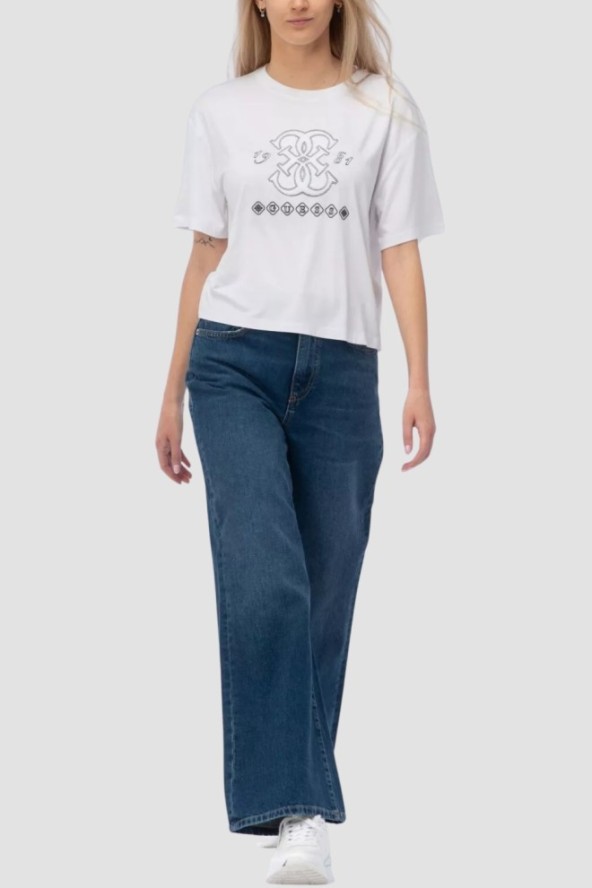 GUESS Biały damski t-shirt na krótki rękaw z wyszywanym logo Gabi, Rozmiar S