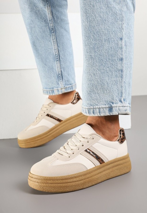 Beżowe Sneakersy Kultowe Tenisówki na Grubej Podeszwie Ozdobione Wzorem w Panterkę Gonelis