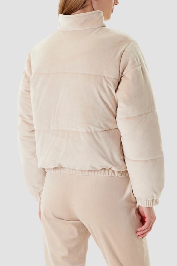 GUESS Beżowa zamszowa damska kurtka Couture Puffer, Rozmiar L